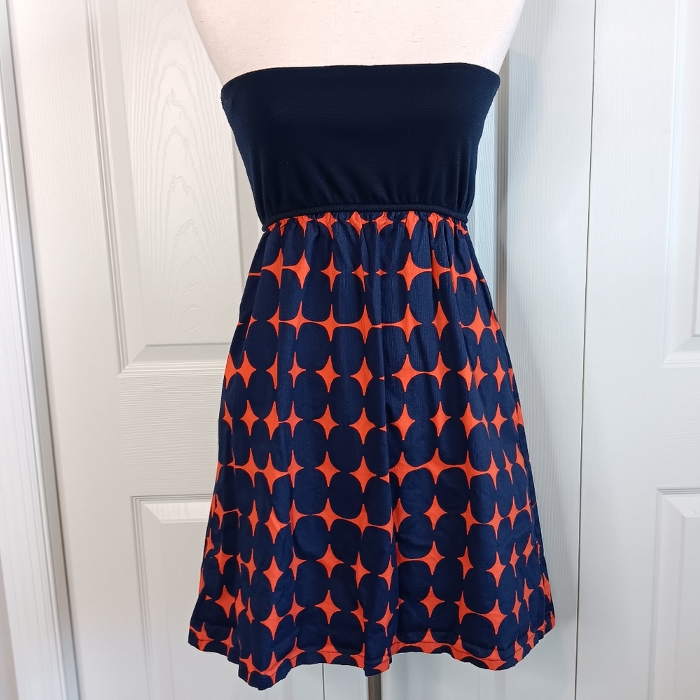 Judith March Navy and Orange Strapless Retro Dress